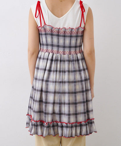 ★【HELLO.SANFRANCISCO/ハローサンフランシスコ】格紋天鵝絨抽褶長款上衣