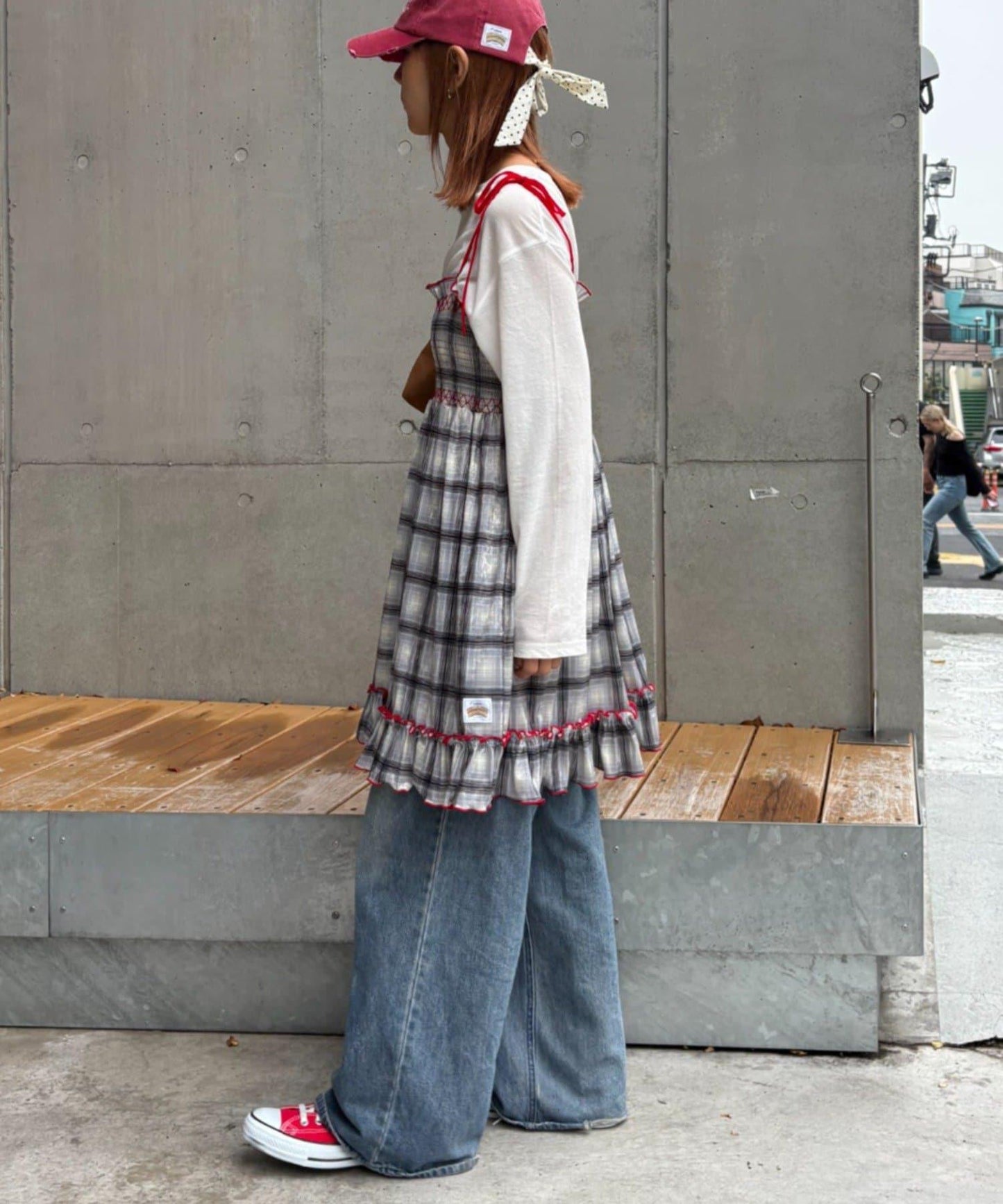 ★【HELLO.SANFRANCISCO/ハローサンフランシスコ】格紋天鵝絨抽褶長款上衣