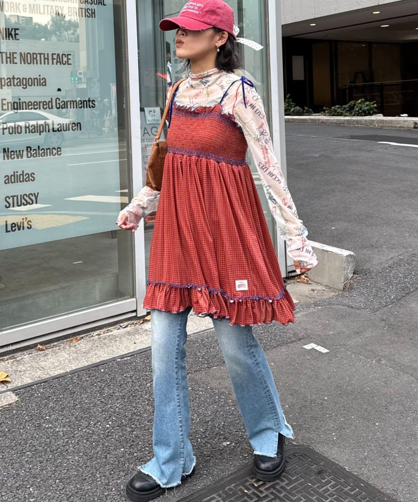 ★【HELLO.SANFRANCISCO/ハローサンフランシスコ】格紋天鵝絨抽褶長款上衣