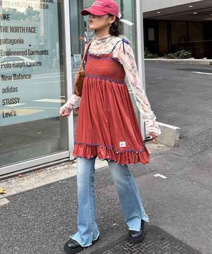 ★【HELLO.SANFRANCISCO/ハローサンフランシスコ】格紋天鵝絨抽褶長款上衣