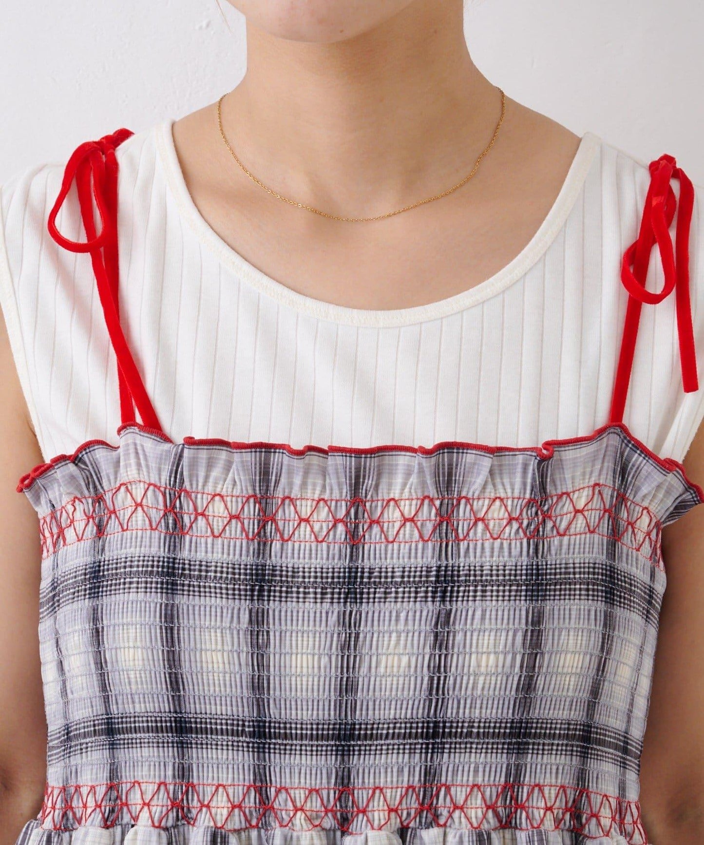 ★【HELLO.SANFRANCISCO/ハローサンフランシスコ】格紋天鵝絨抽褶長款上衣