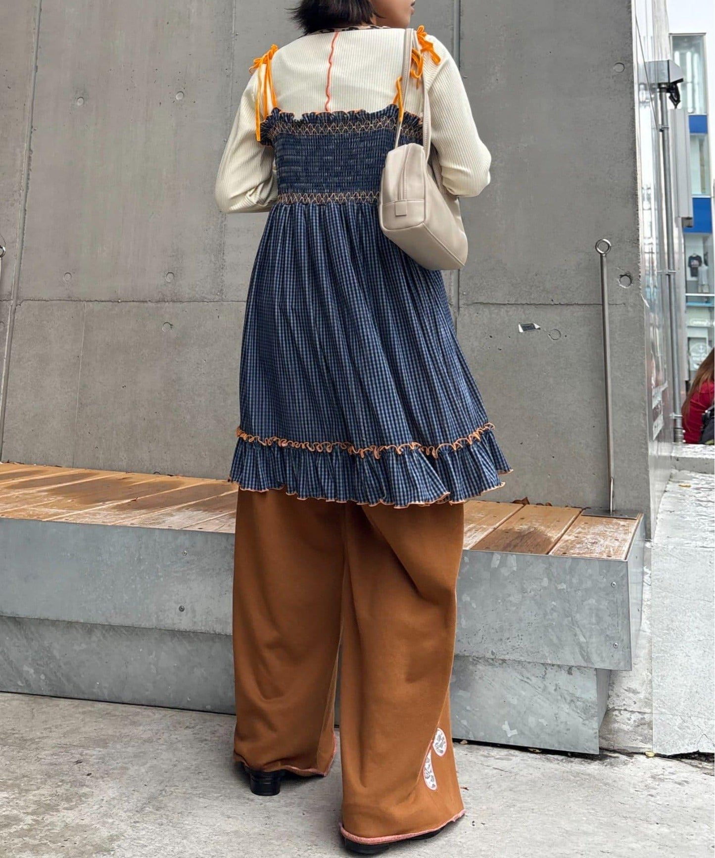 ★【HELLO.SANFRANCISCO/ハローサンフランシスコ】格紋天鵝絨抽褶長款上衣