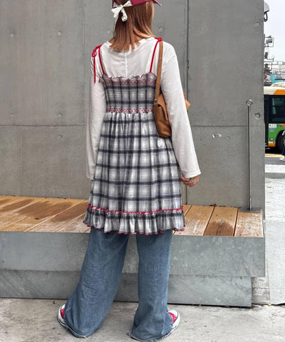 ★【HELLO.SANFRANCISCO/ハローサンフランシスコ】格紋天鵝絨抽褶長款上衣