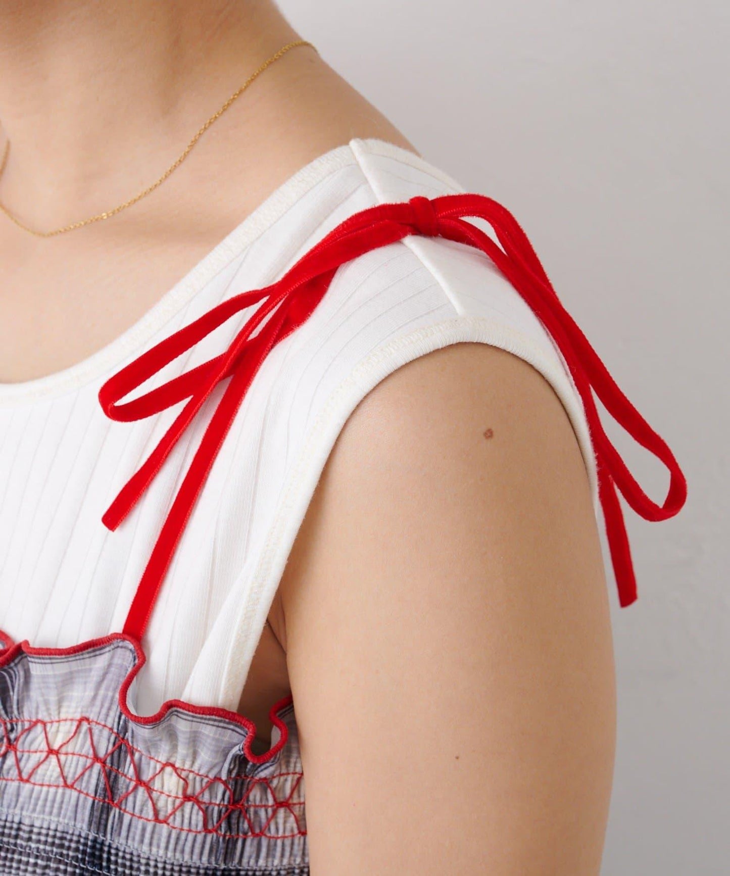 ★【HELLO.SANFRANCISCO/ハローサンフランシスコ】格紋天鵝絨抽褶長款上衣