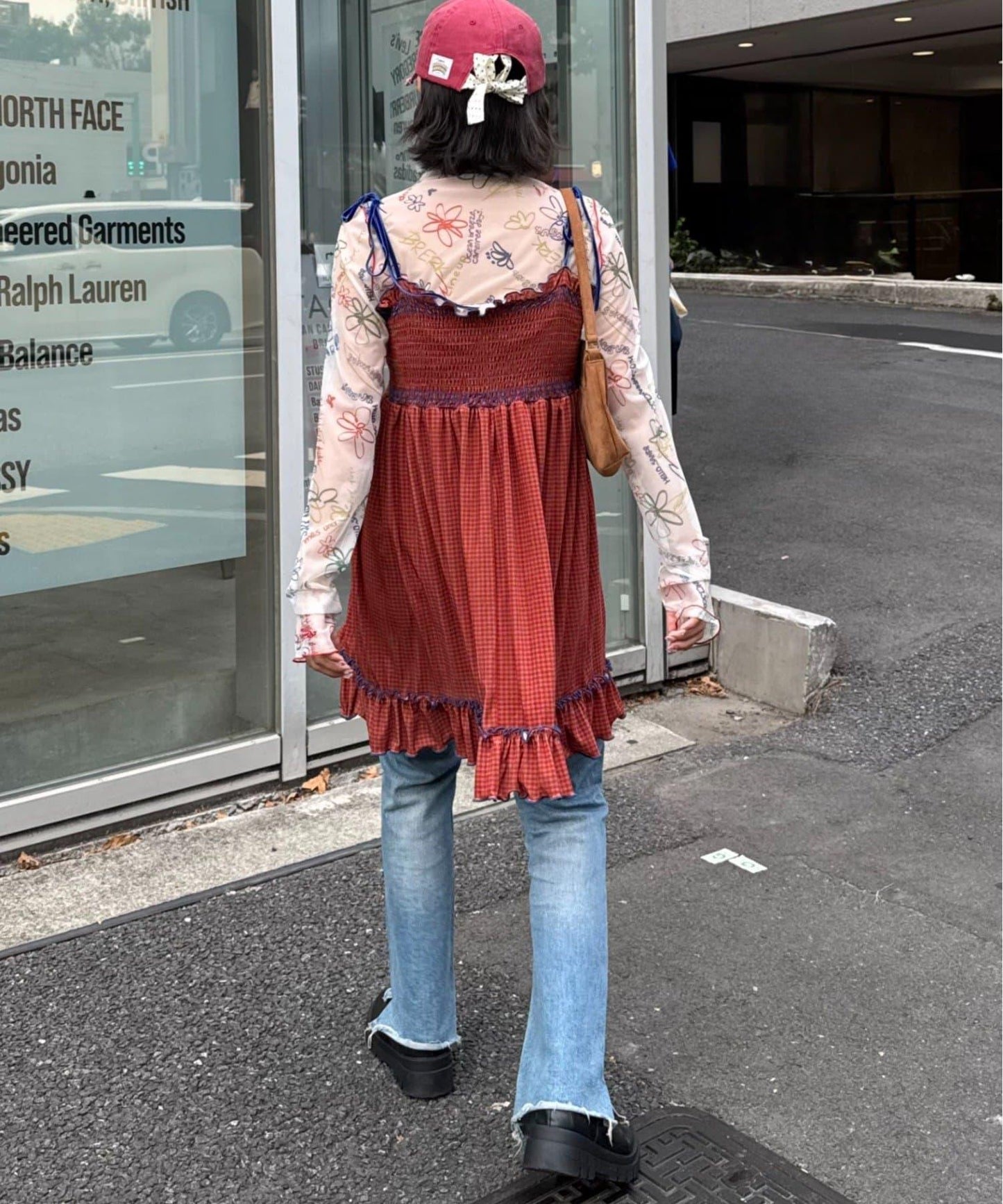 ★【HELLO.SANFRANCISCO/ハローサンフランシスコ】格紋天鵝絨抽褶長款上衣