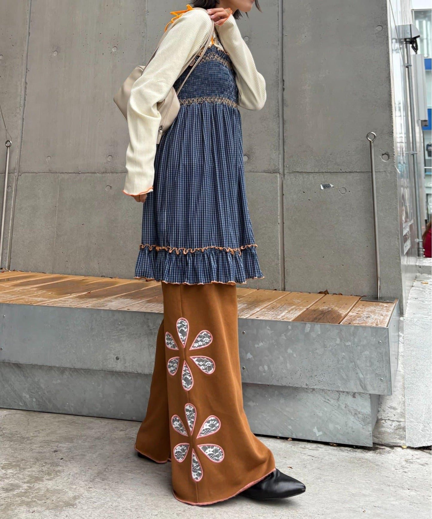 ★【HELLO.SANFRANCISCO/ハローサンフランシスコ】格紋天鵝絨抽褶長款上衣