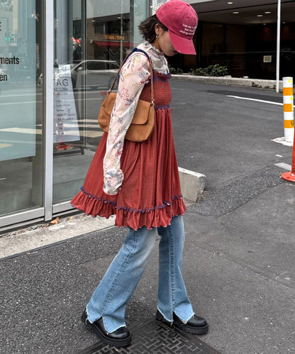 ★【HELLO.SANFRANCISCO/ハローサンフランシスコ】格紋天鵝絨抽褶長款上衣