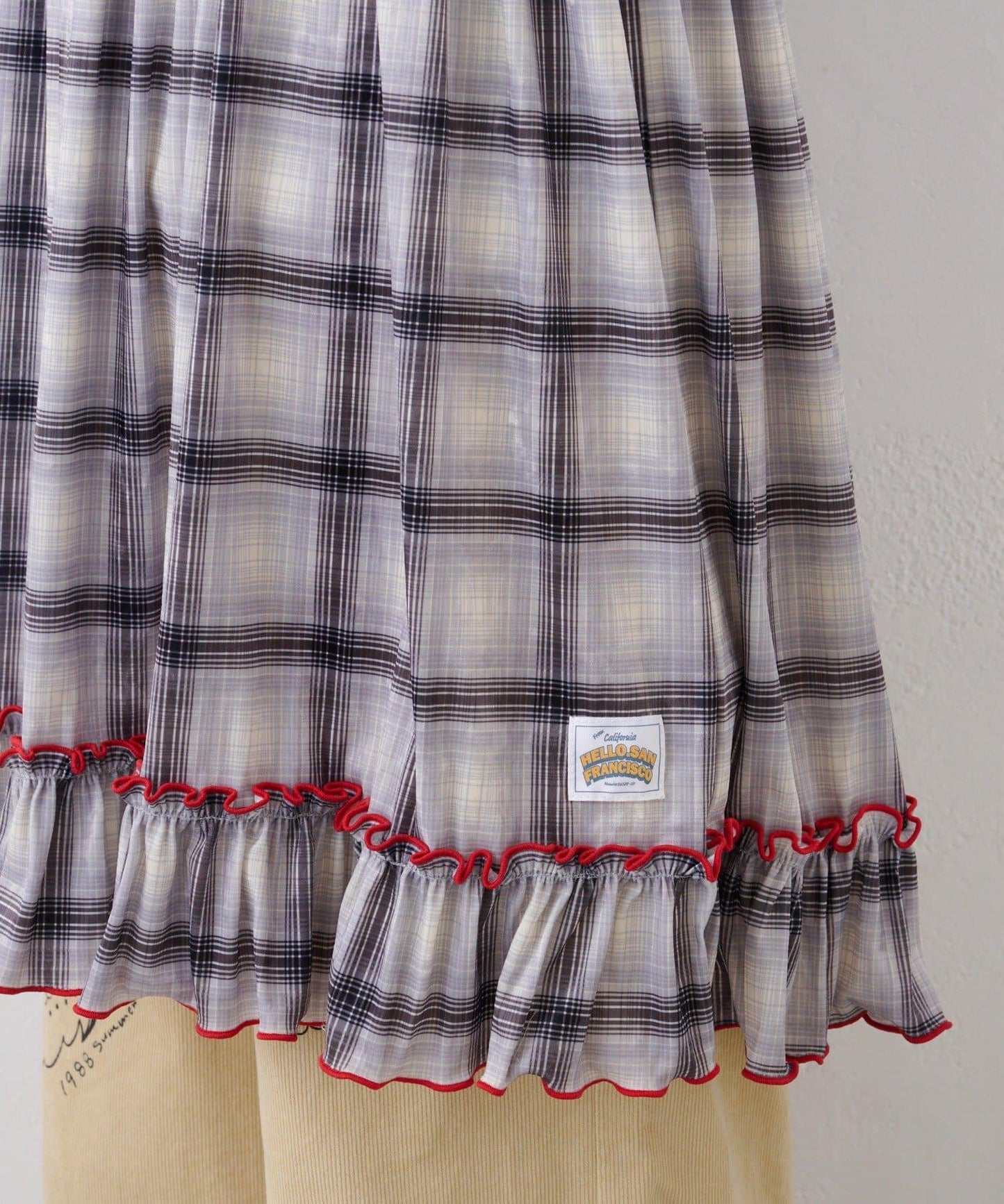 ★【HELLO.SANFRANCISCO/ハローサンフランシスコ】格紋天鵝絨抽褶長款上衣