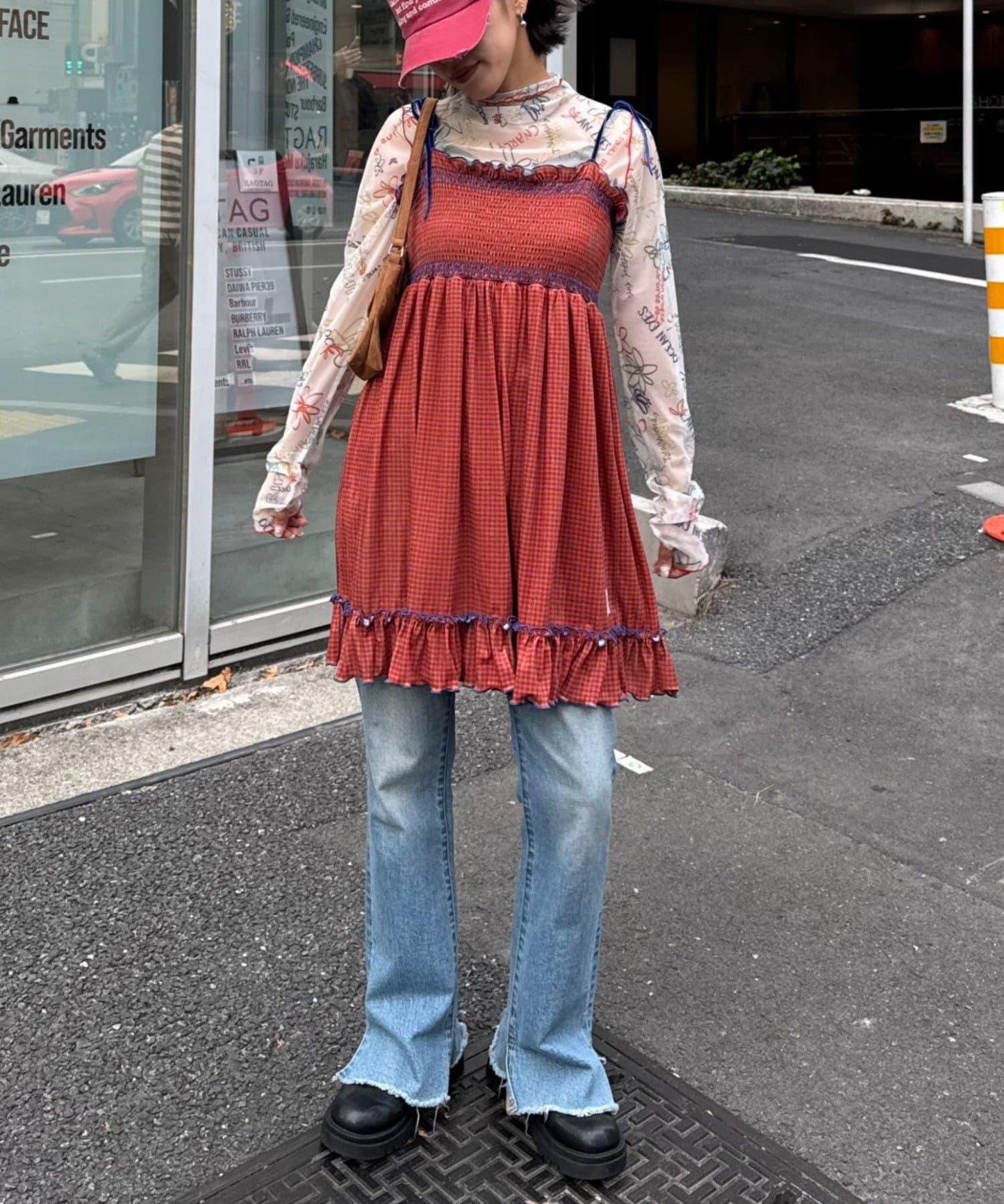 ★【HELLO.SANFRANCISCO/ハローサンフランシスコ】格紋天鵝絨抽褶長款上衣