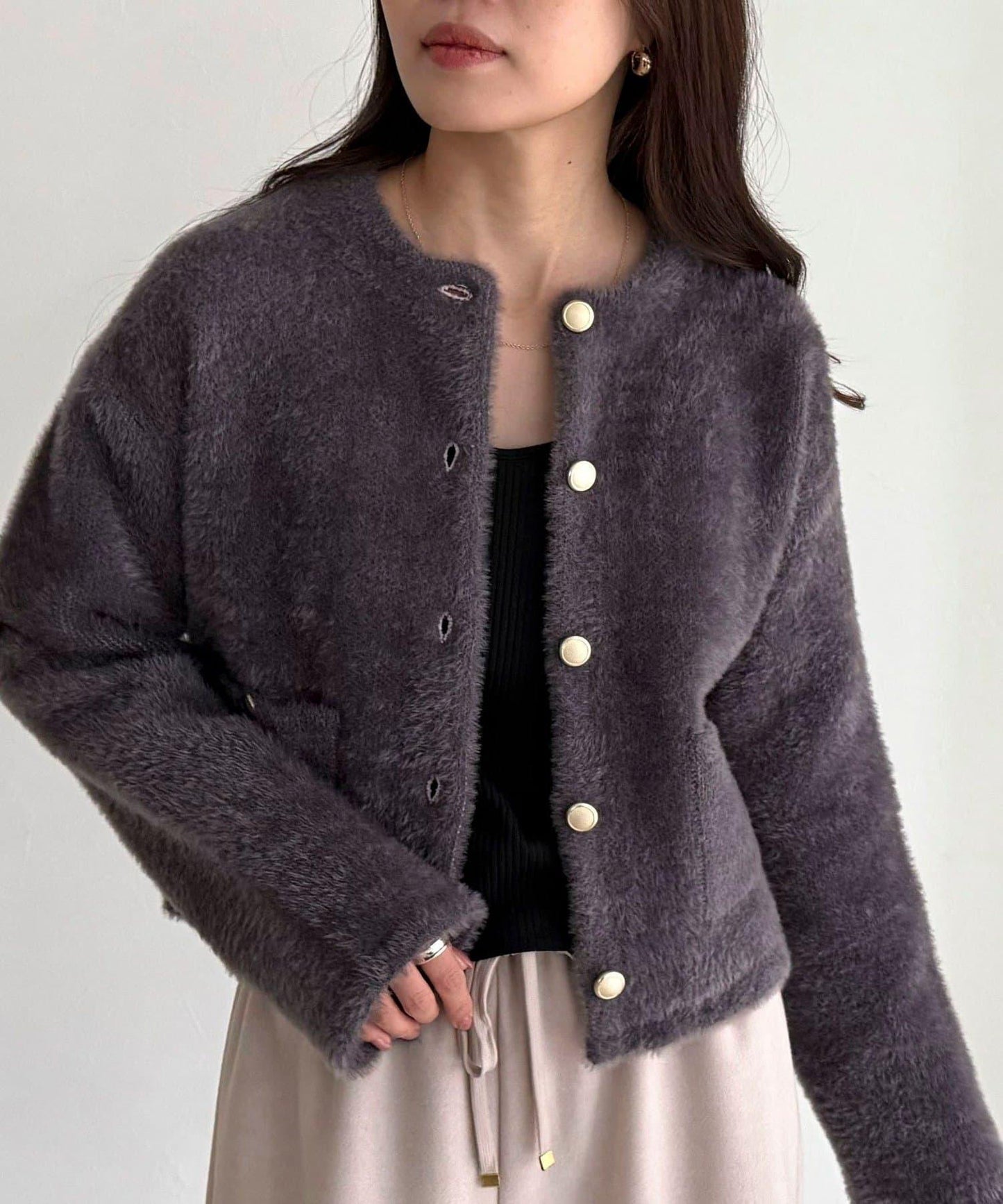 長毛內裡拼色夾克開衫