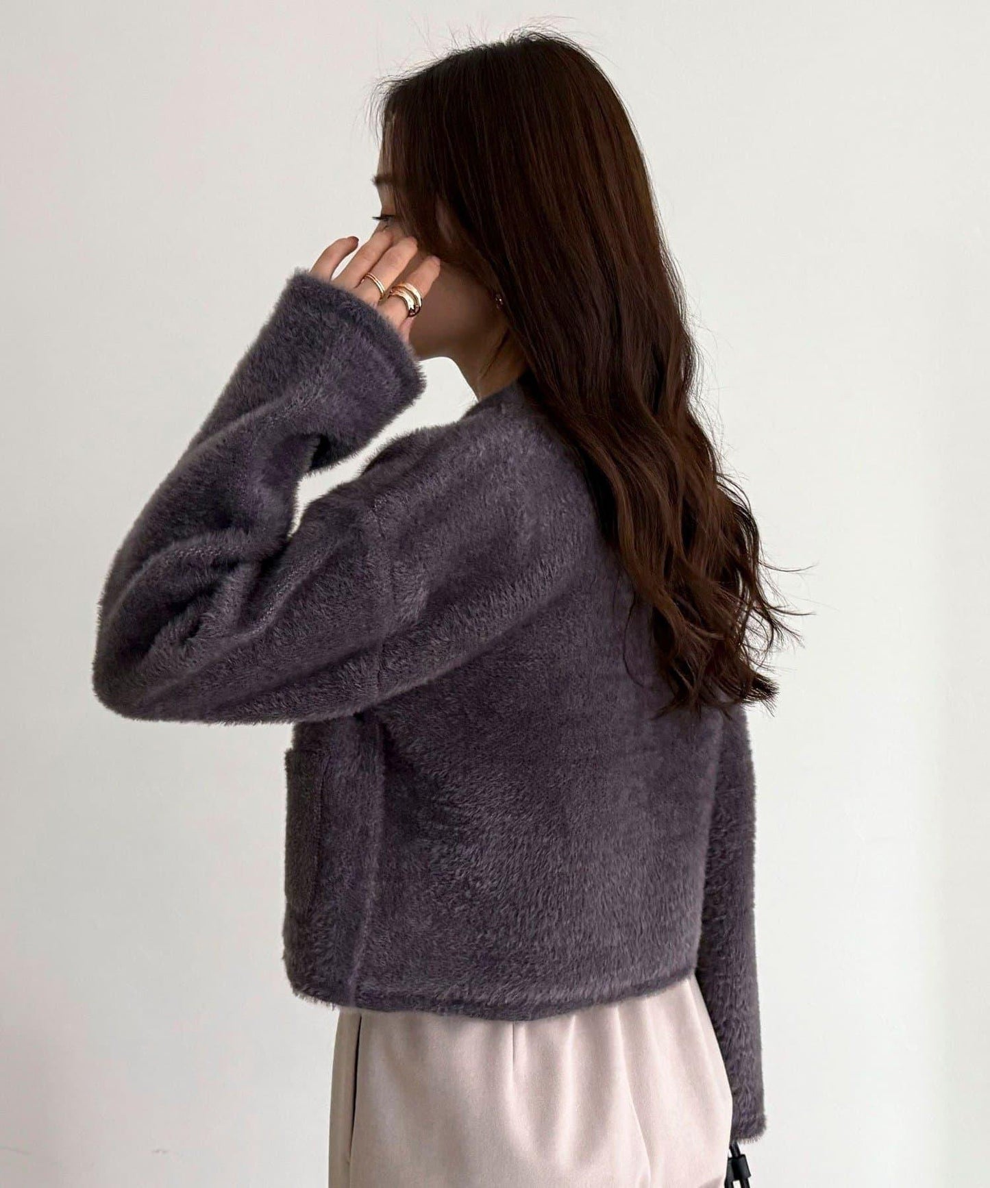 長毛內裡拼色夾克開衫