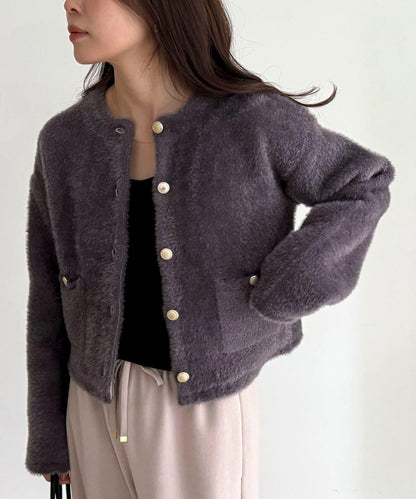 長毛內裡拼色夾克開衫