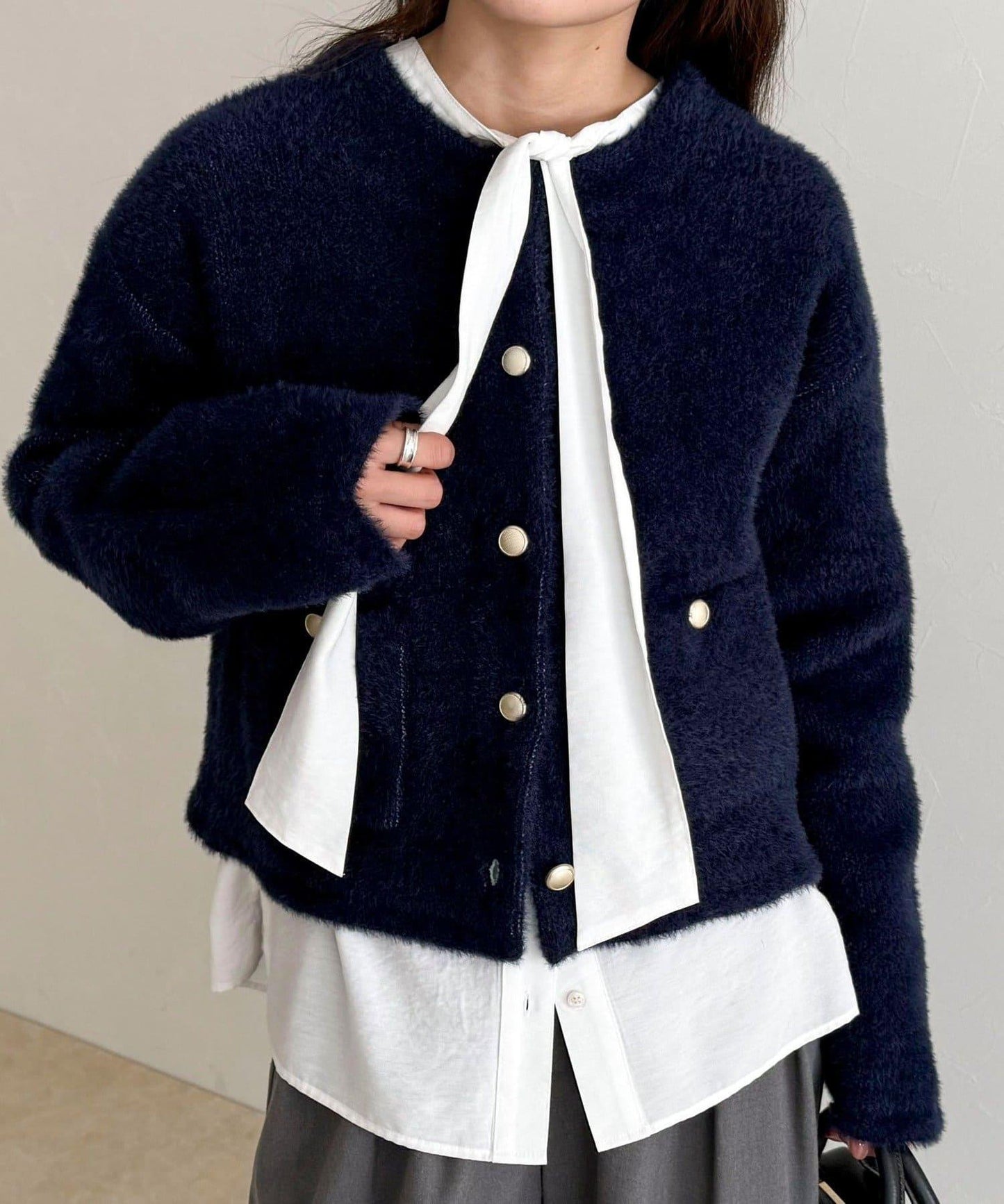 長毛內裡拼色夾克開衫