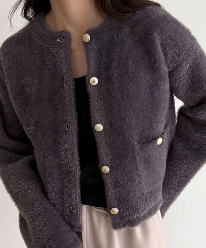長毛內裡拼色夾克開衫