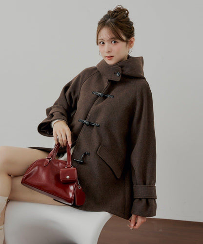 連帽牛角扣中長款大衣