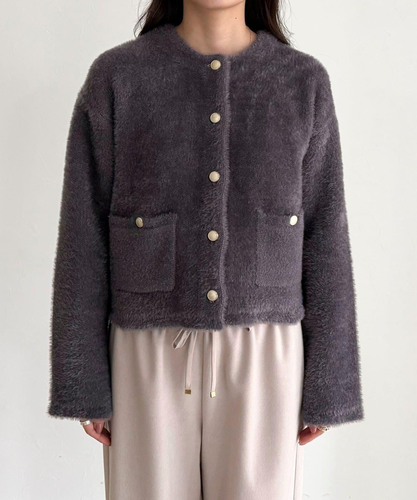 長毛內裡拼色夾克開衫