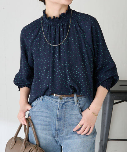 高領褶皺波點襯衫/禮服