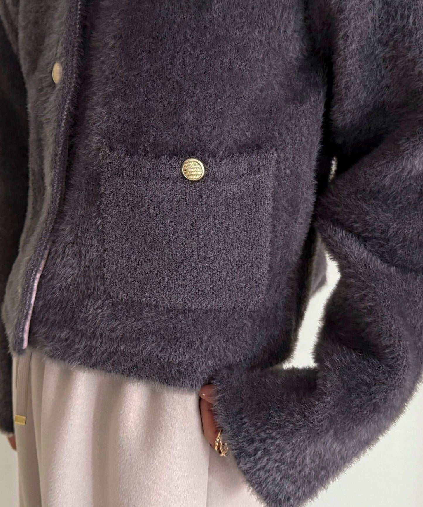 長毛內裡拼色夾克開衫