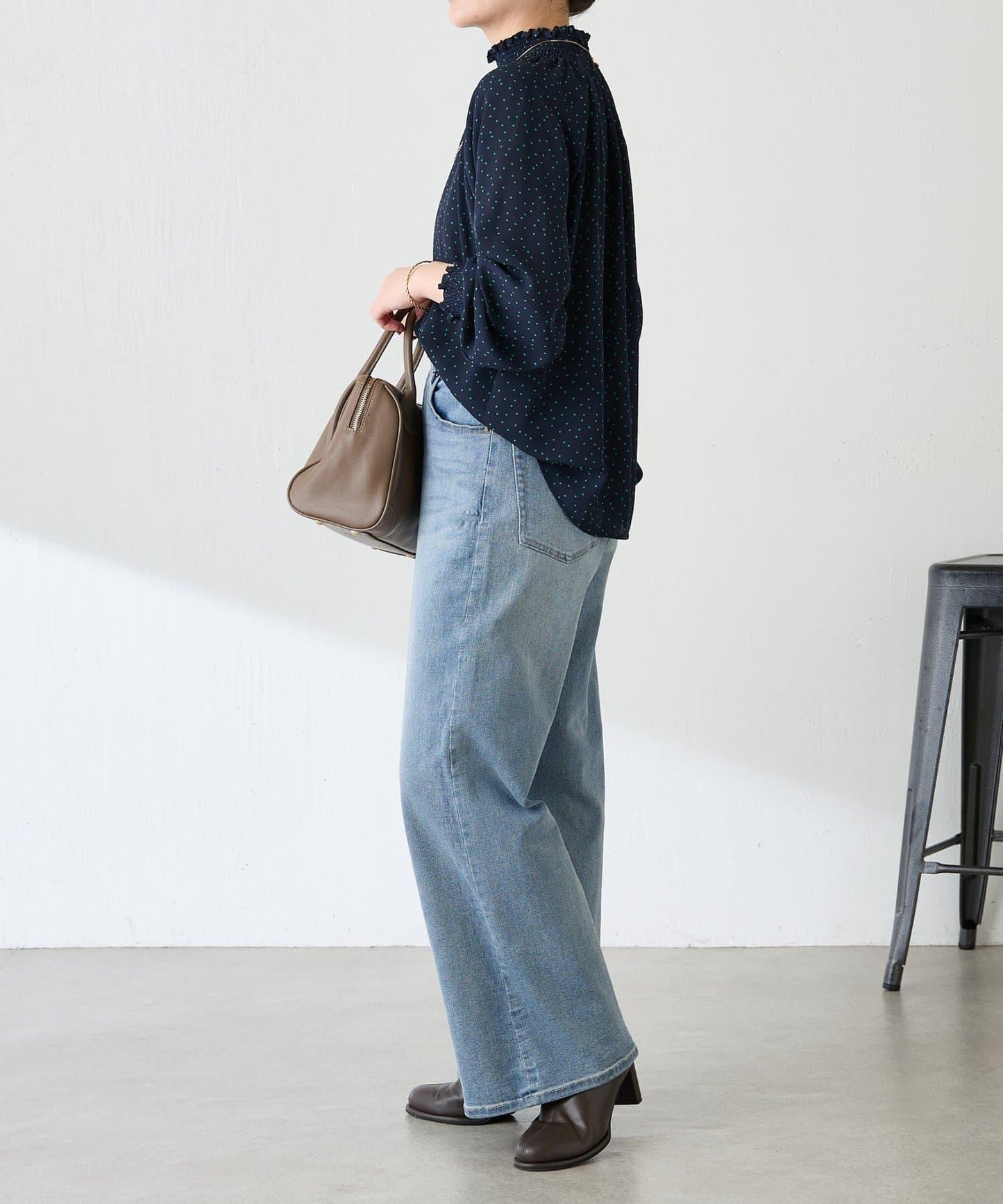 高領褶皺波點襯衫/禮服