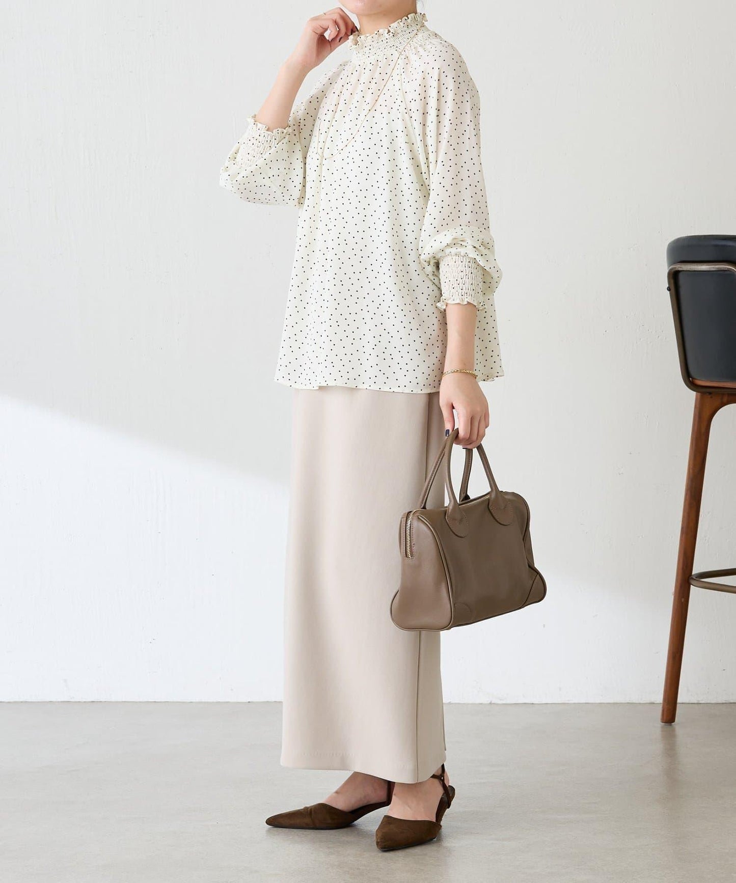 高領褶皺波點襯衫/禮服