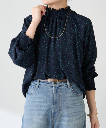 高領褶皺波點襯衫/禮服