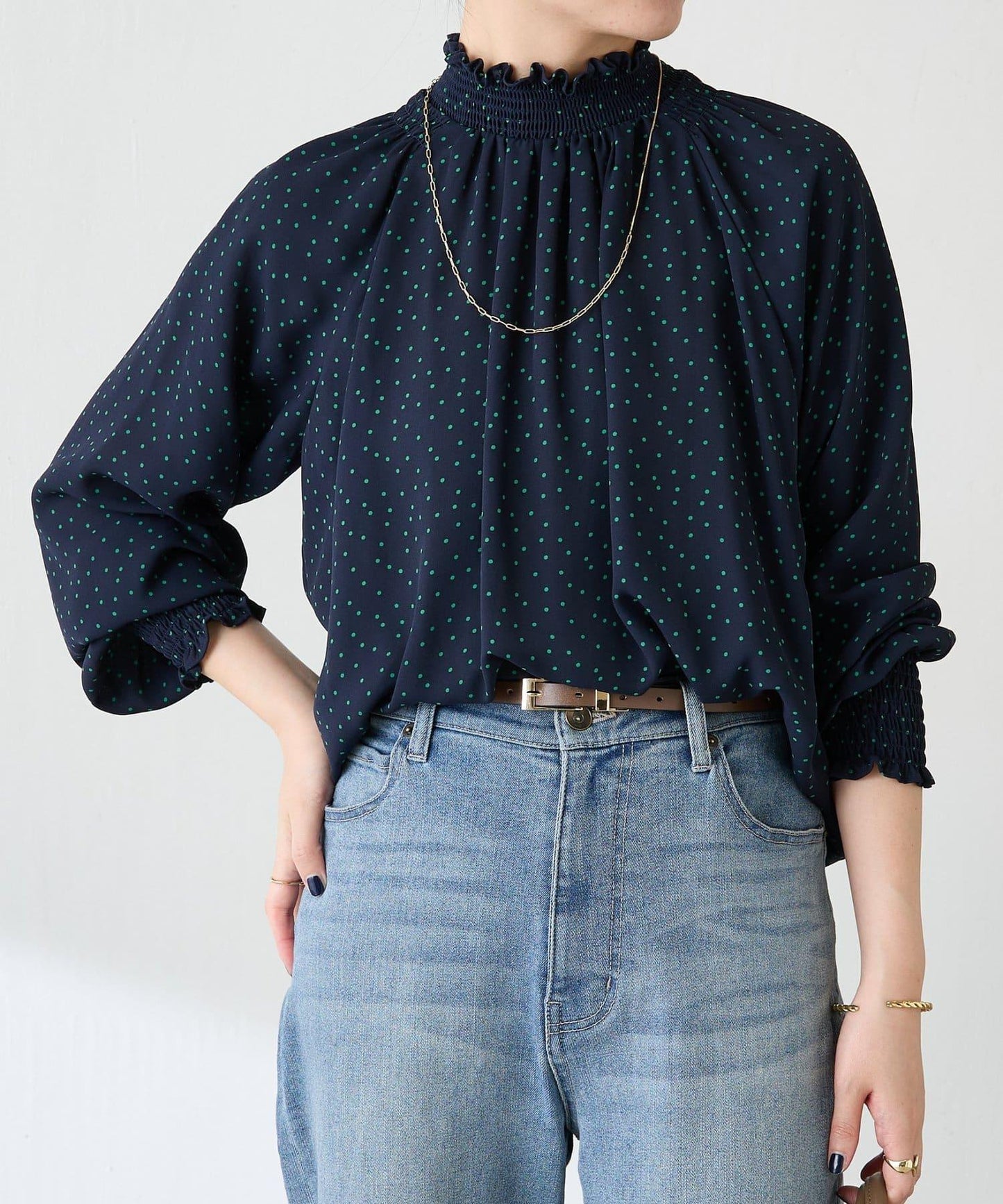 高領褶皺波點襯衫/禮服