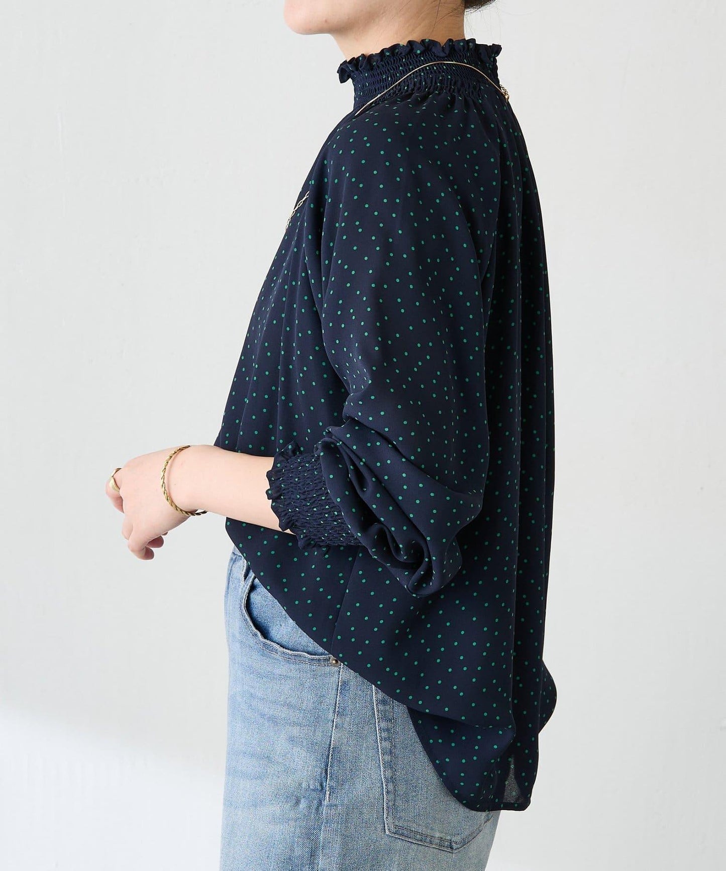 高領褶皺波點襯衫/禮服