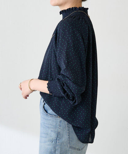 高領褶皺波點襯衫/禮服