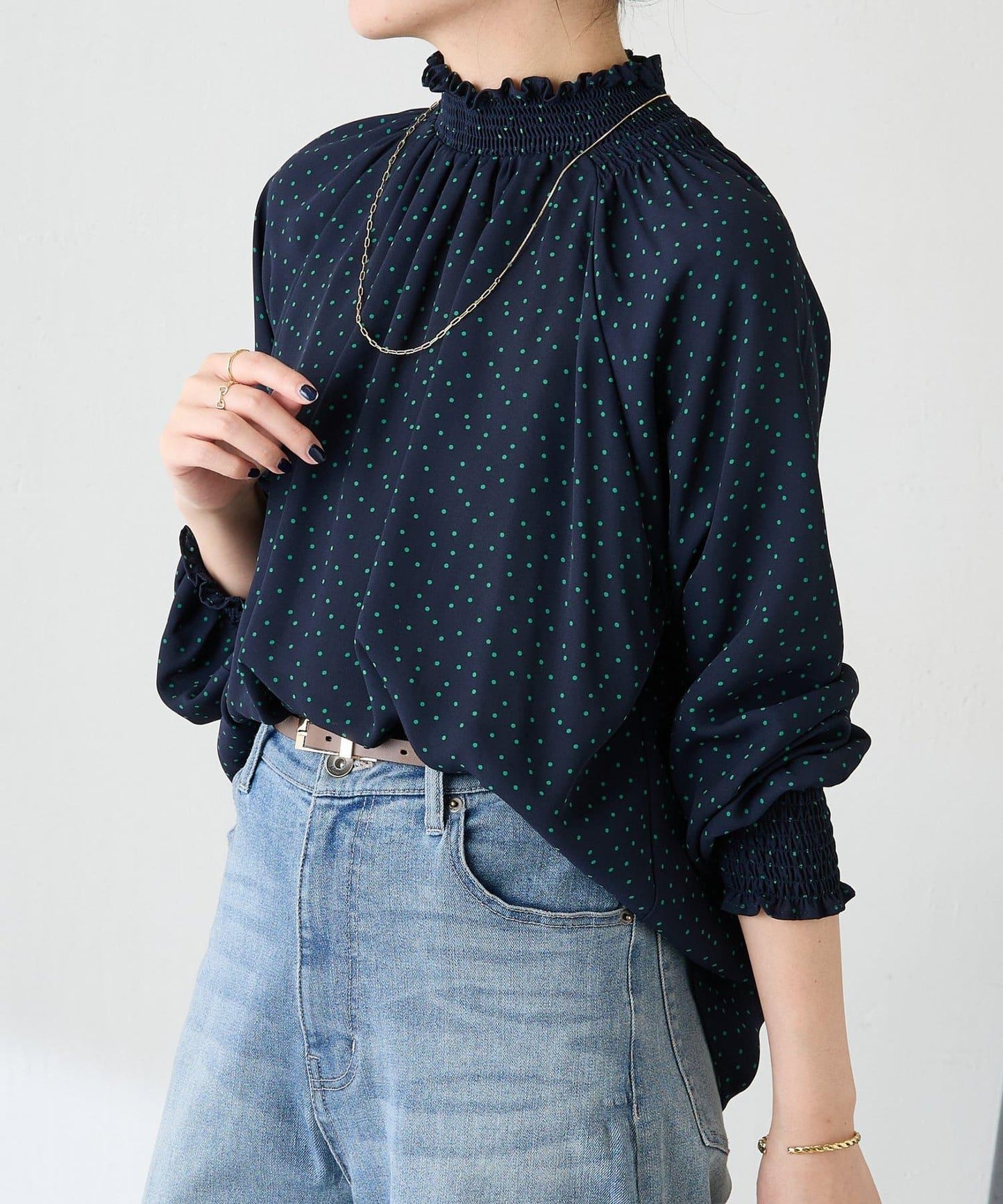 高領褶皺波點襯衫/禮服