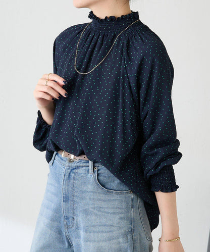 高領褶皺波點襯衫/禮服