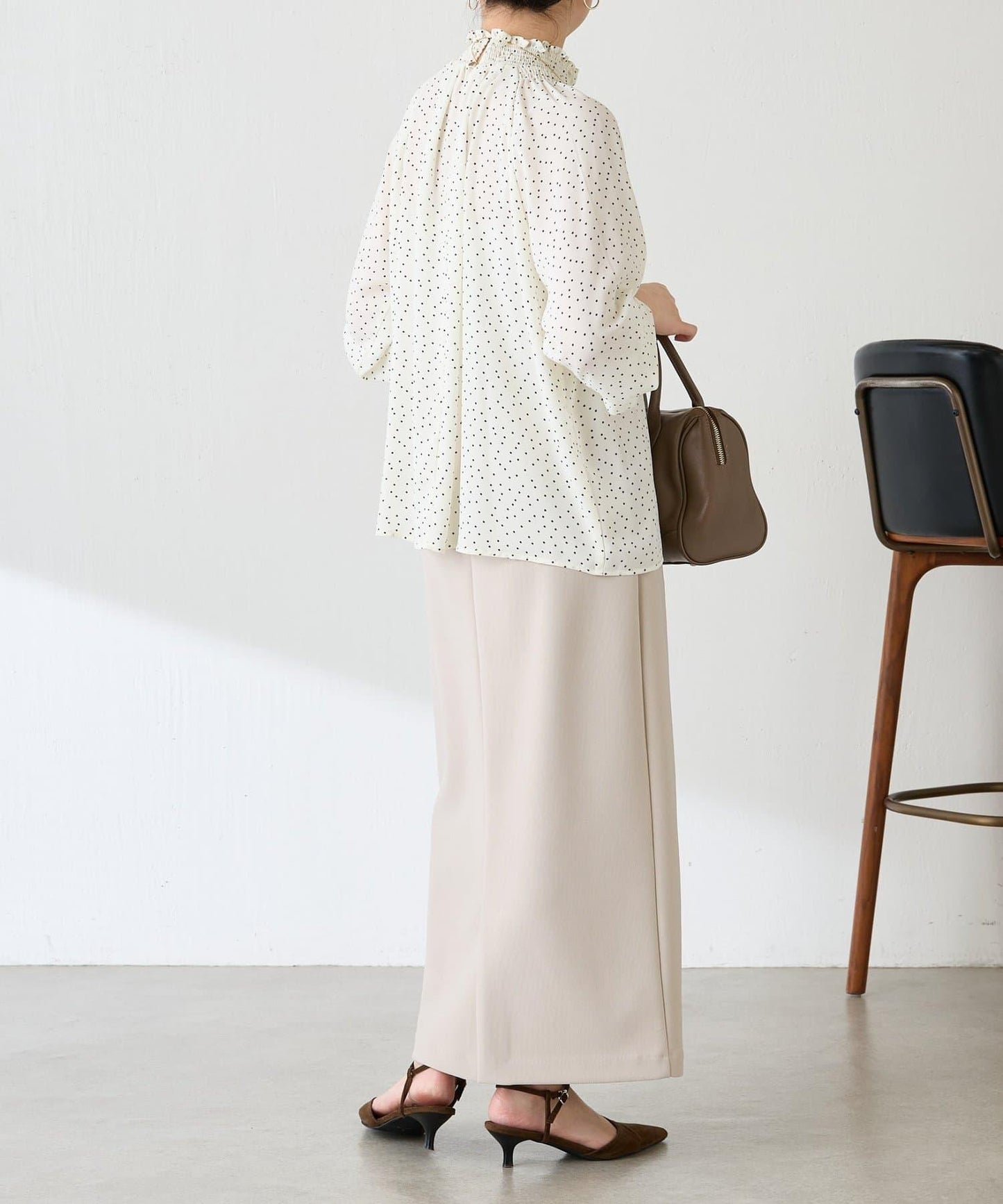 高領褶皺波點襯衫/禮服