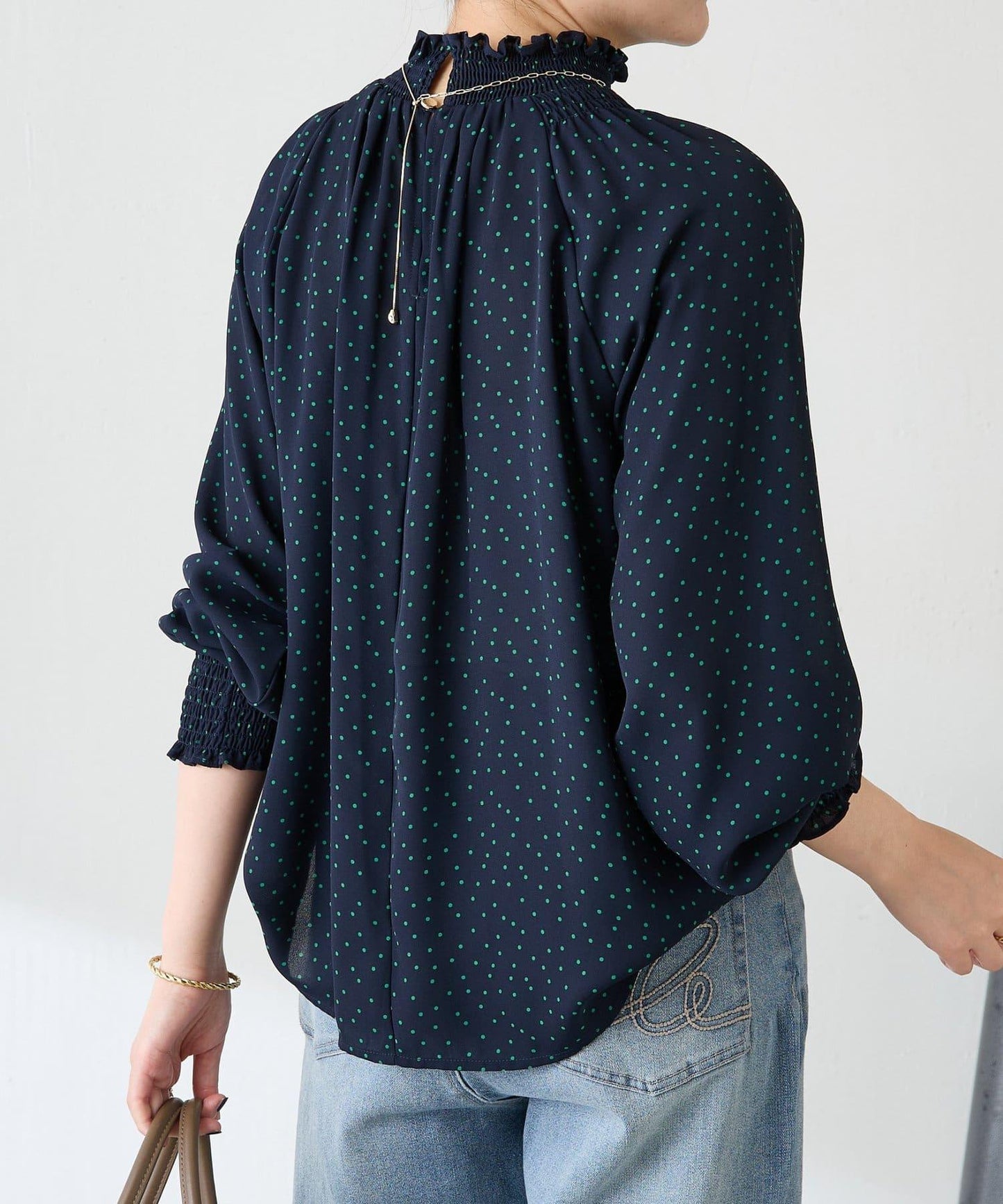 高領褶皺波點襯衫/禮服