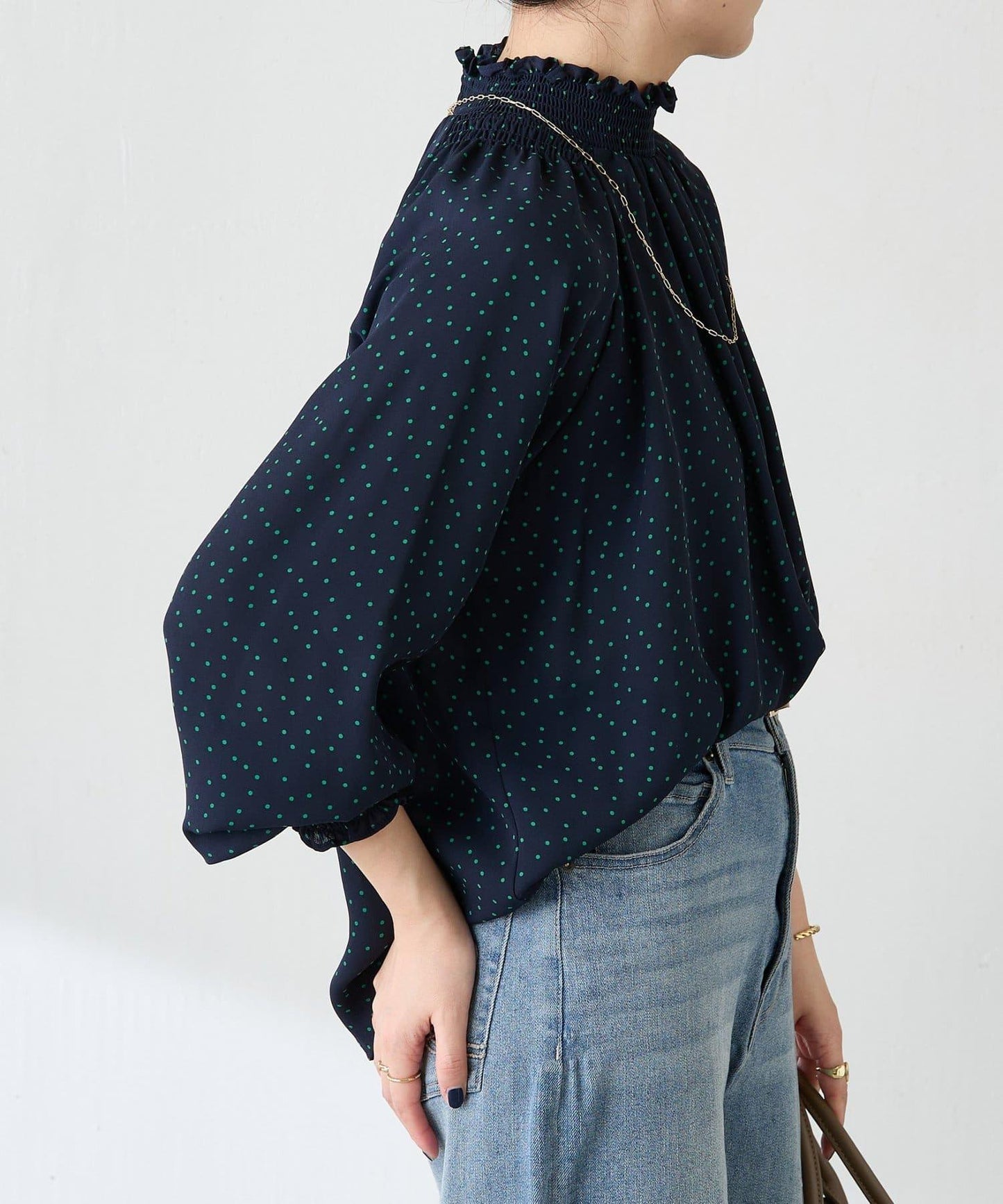 高領褶皺波點襯衫/禮服