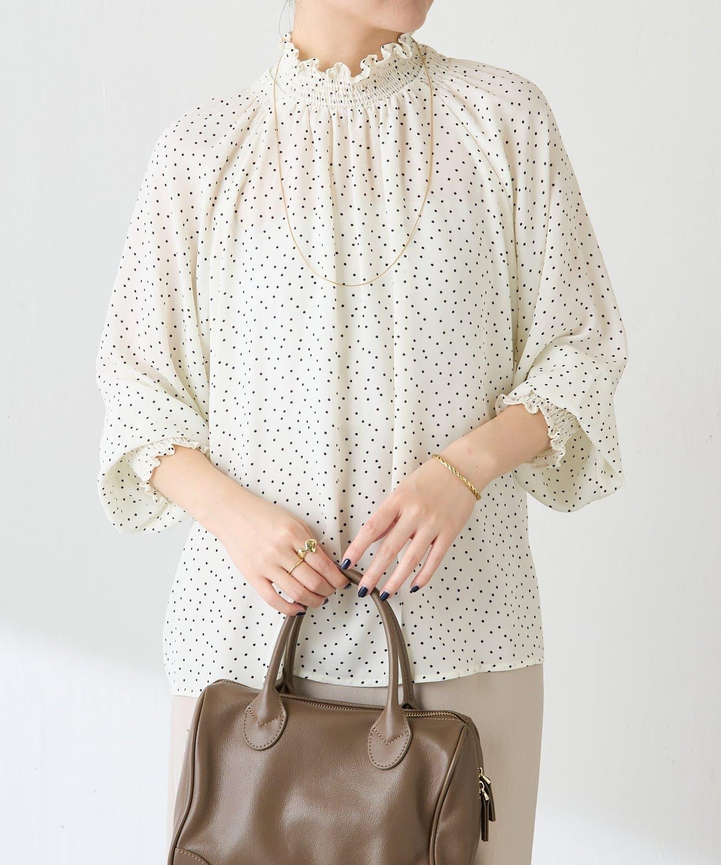 高領褶皺波點襯衫/禮服