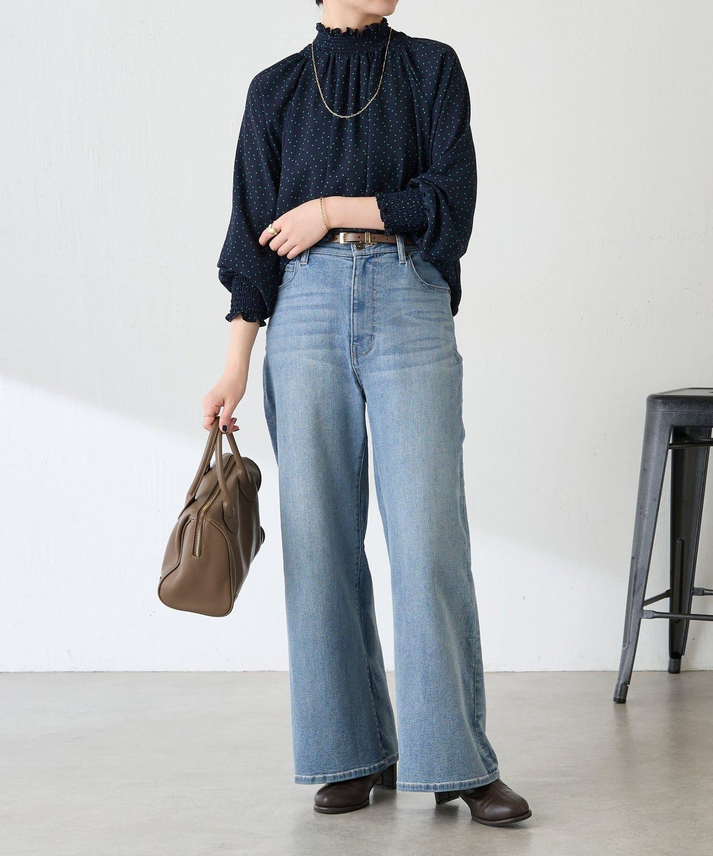 高領褶皺波點襯衫/禮服