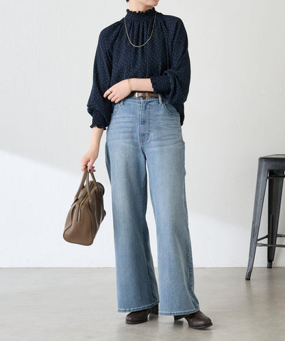 高領褶皺波點襯衫/禮服