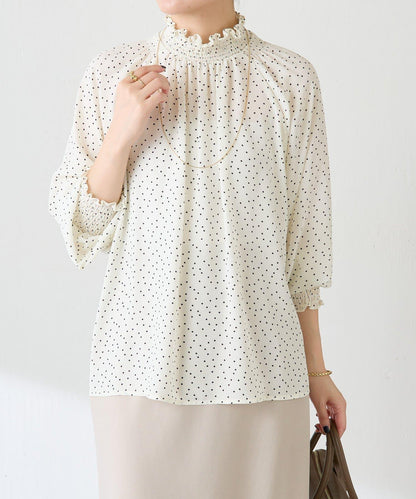 高領褶皺波點襯衫/禮服