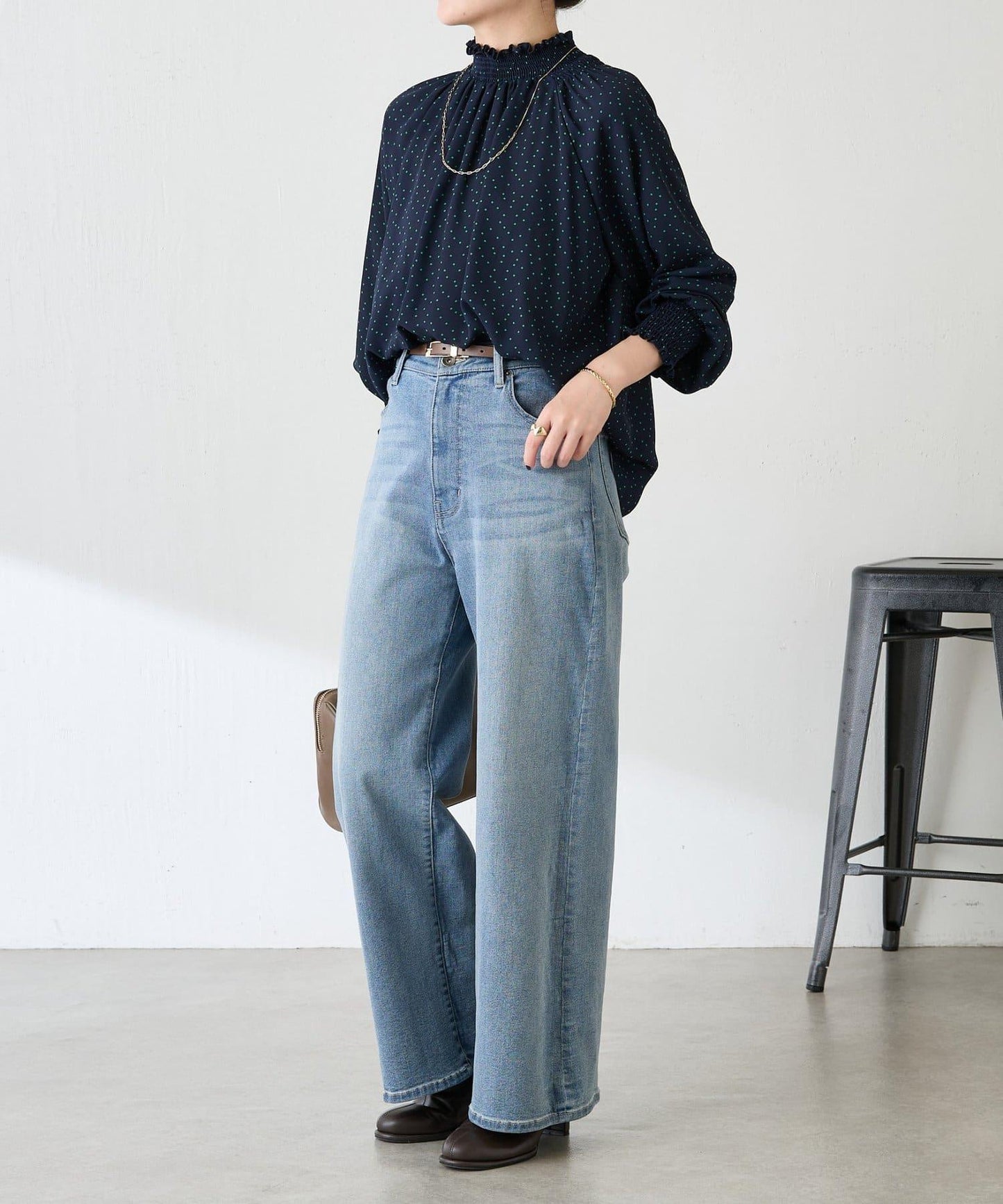 高領褶皺波點襯衫/禮服