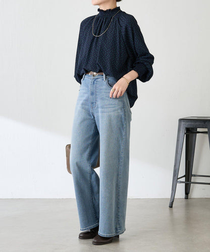 高領褶皺波點襯衫/禮服