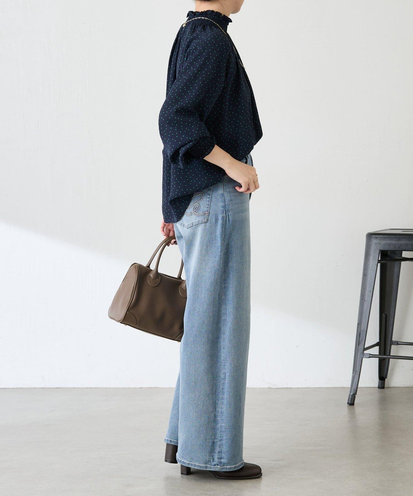 高領褶皺波點襯衫/禮服