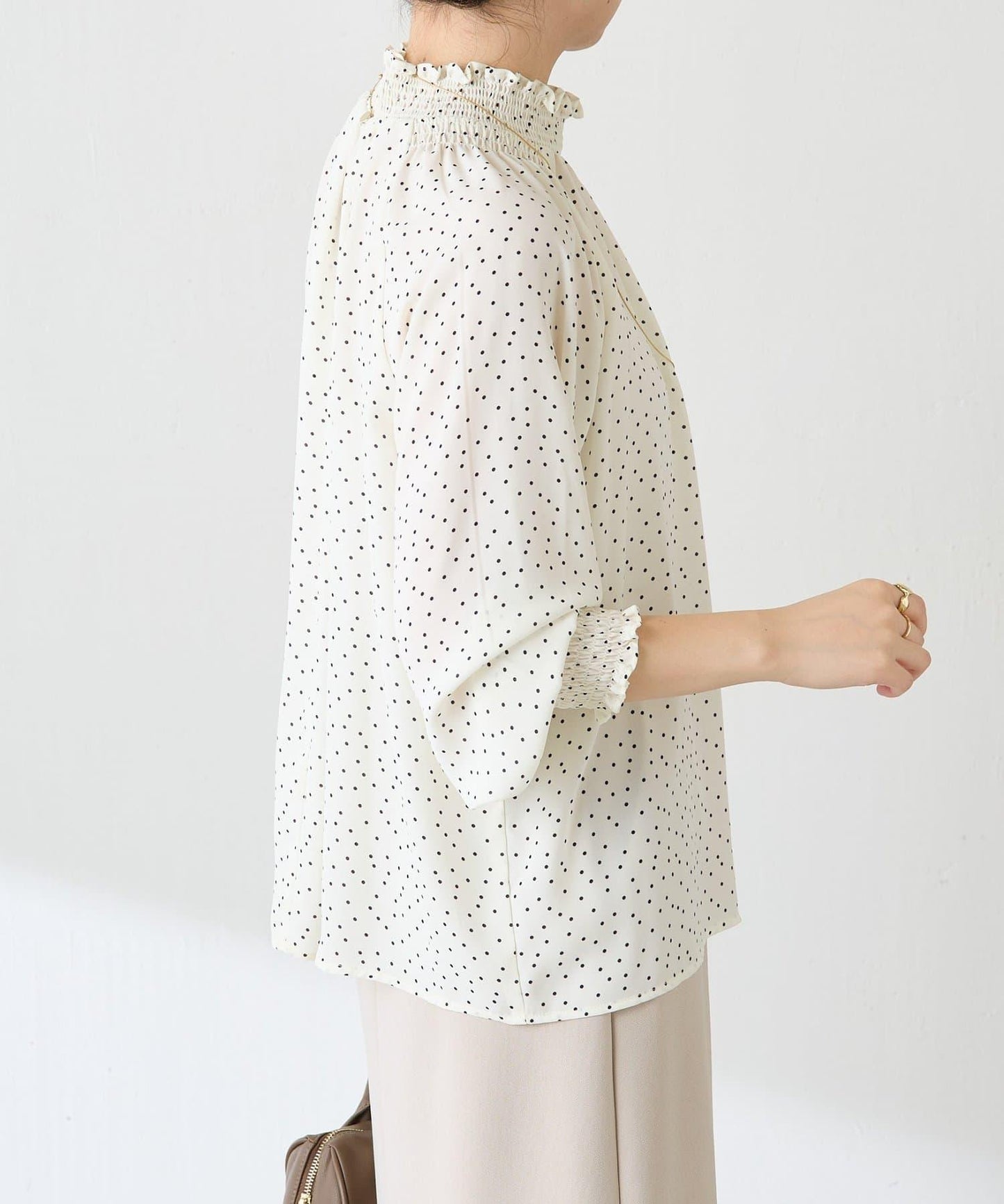 高領褶皺波點襯衫/禮服