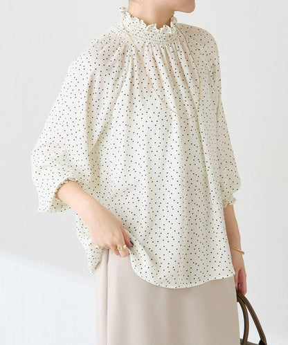 高領褶皺波點襯衫/禮服