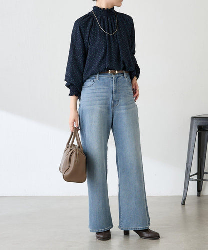 高領褶皺波點襯衫/禮服