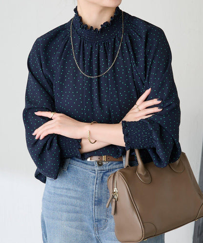 高領褶皺波點襯衫/禮服