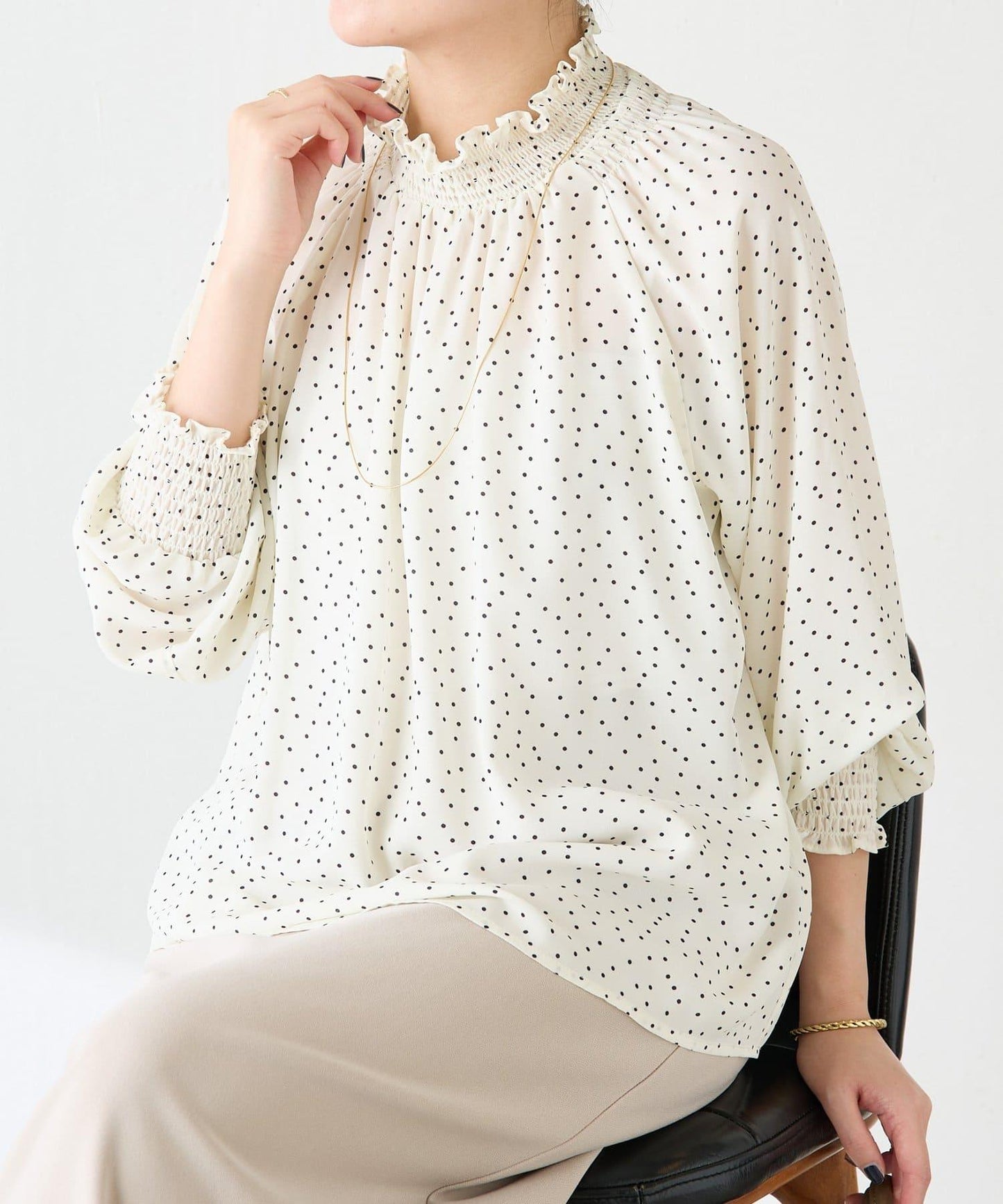 高領褶皺波點襯衫/禮服