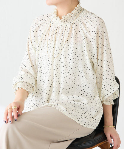 高領褶皺波點襯衫/禮服