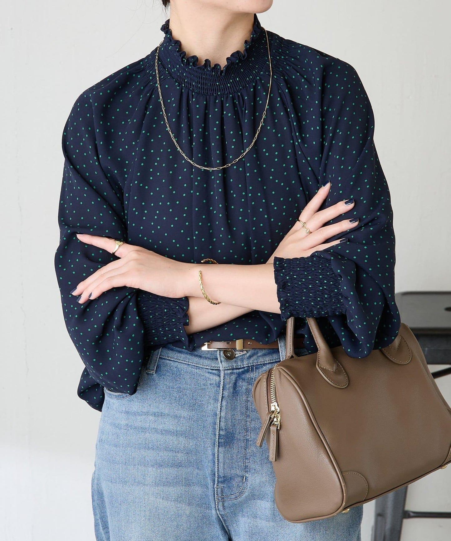 高領褶皺波點襯衫/禮服