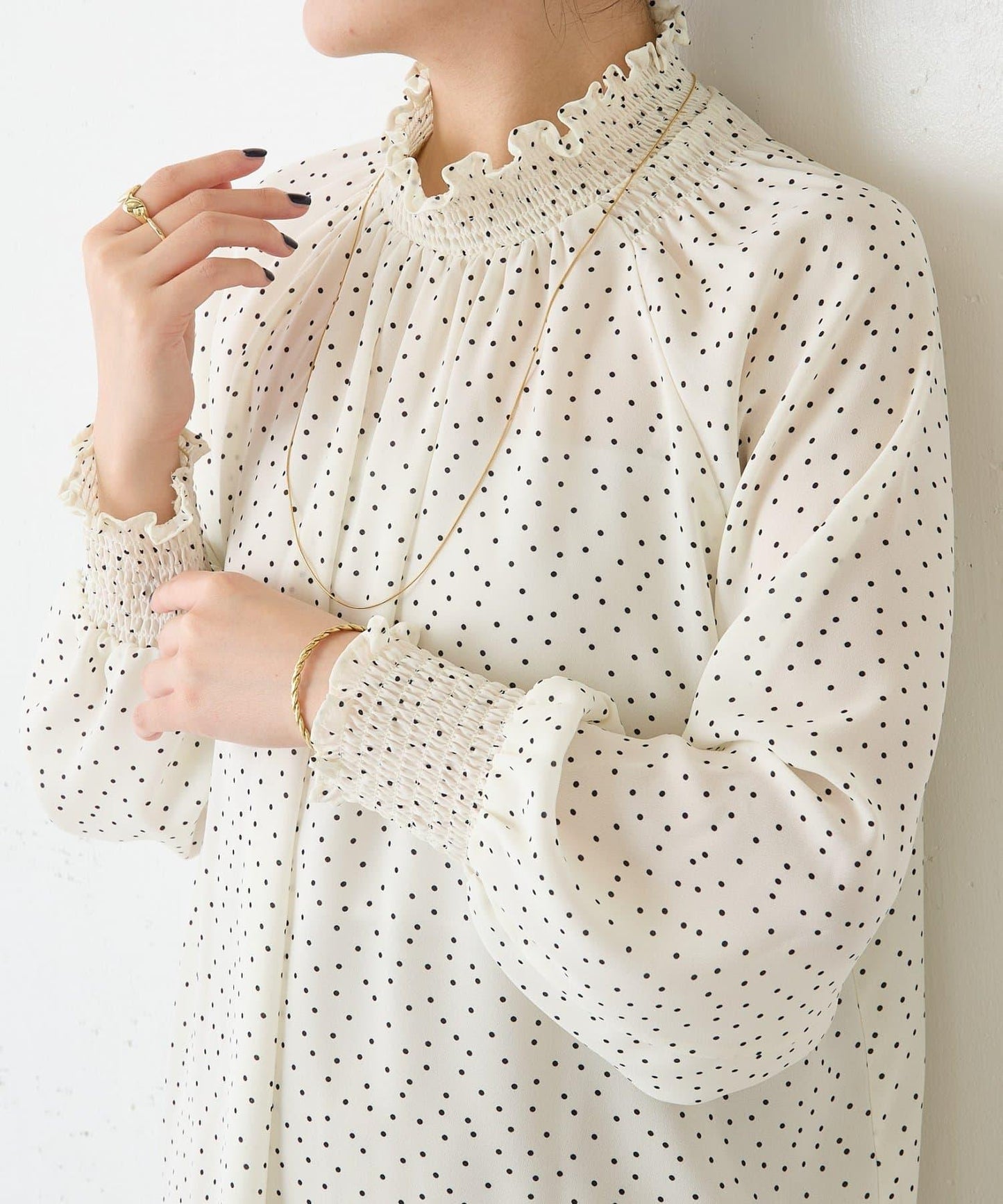 高領褶皺波點襯衫/禮服