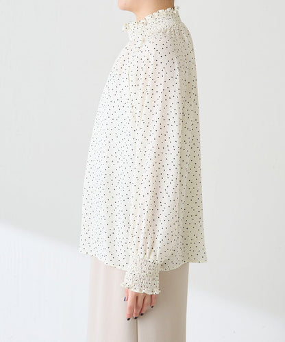 高領褶皺波點襯衫/禮服