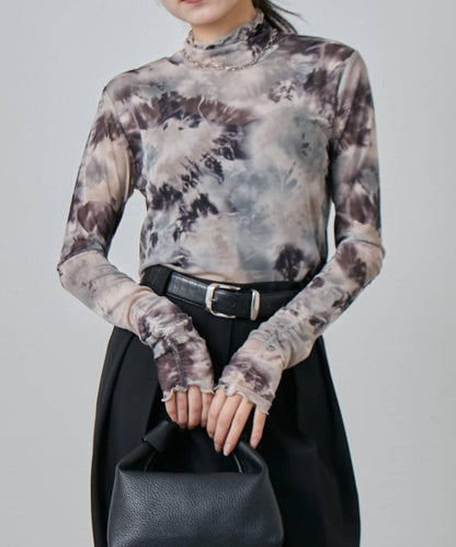 袖褶皺大理石紋透視上衣